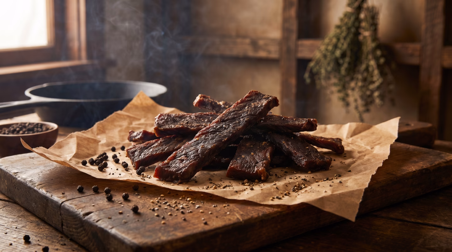 Thick cut beef jerky strips on butcher paper
