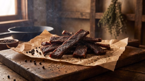 Thick cut beef jerky strips on butcher paper