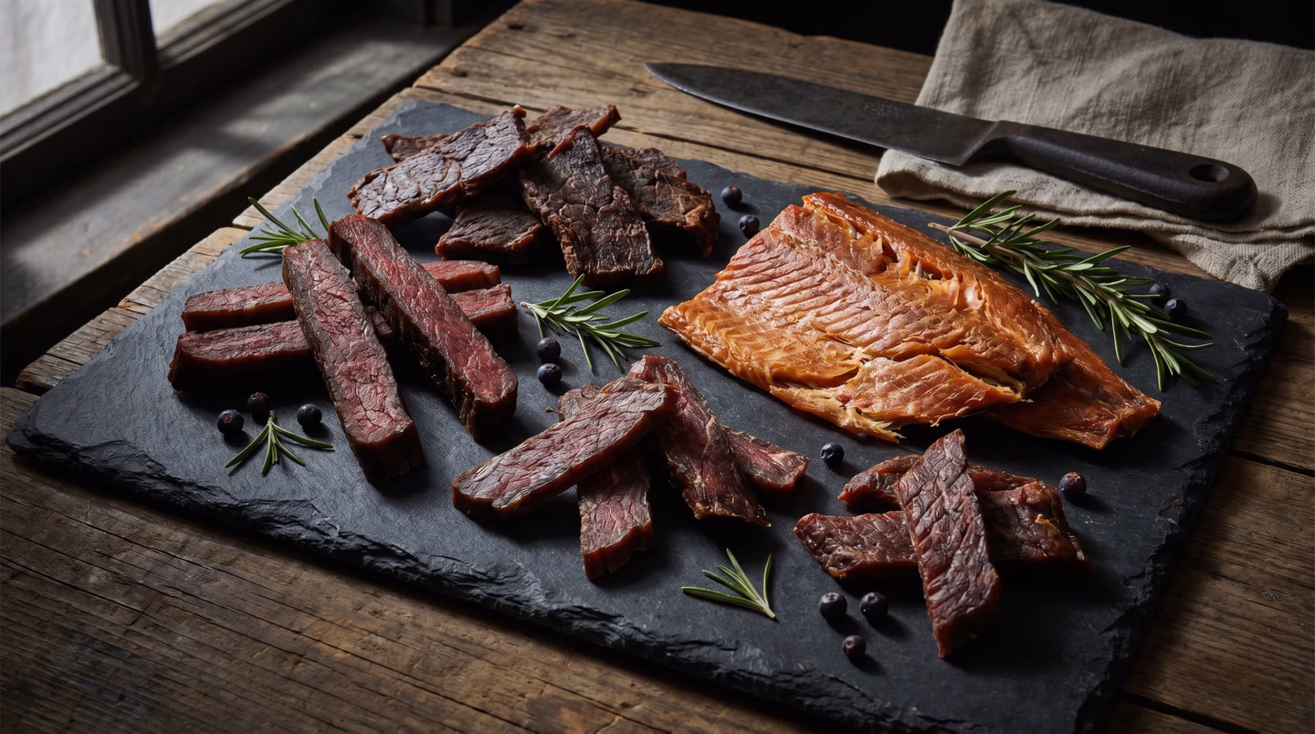 Assorted exotic jerky venison bison and salmon