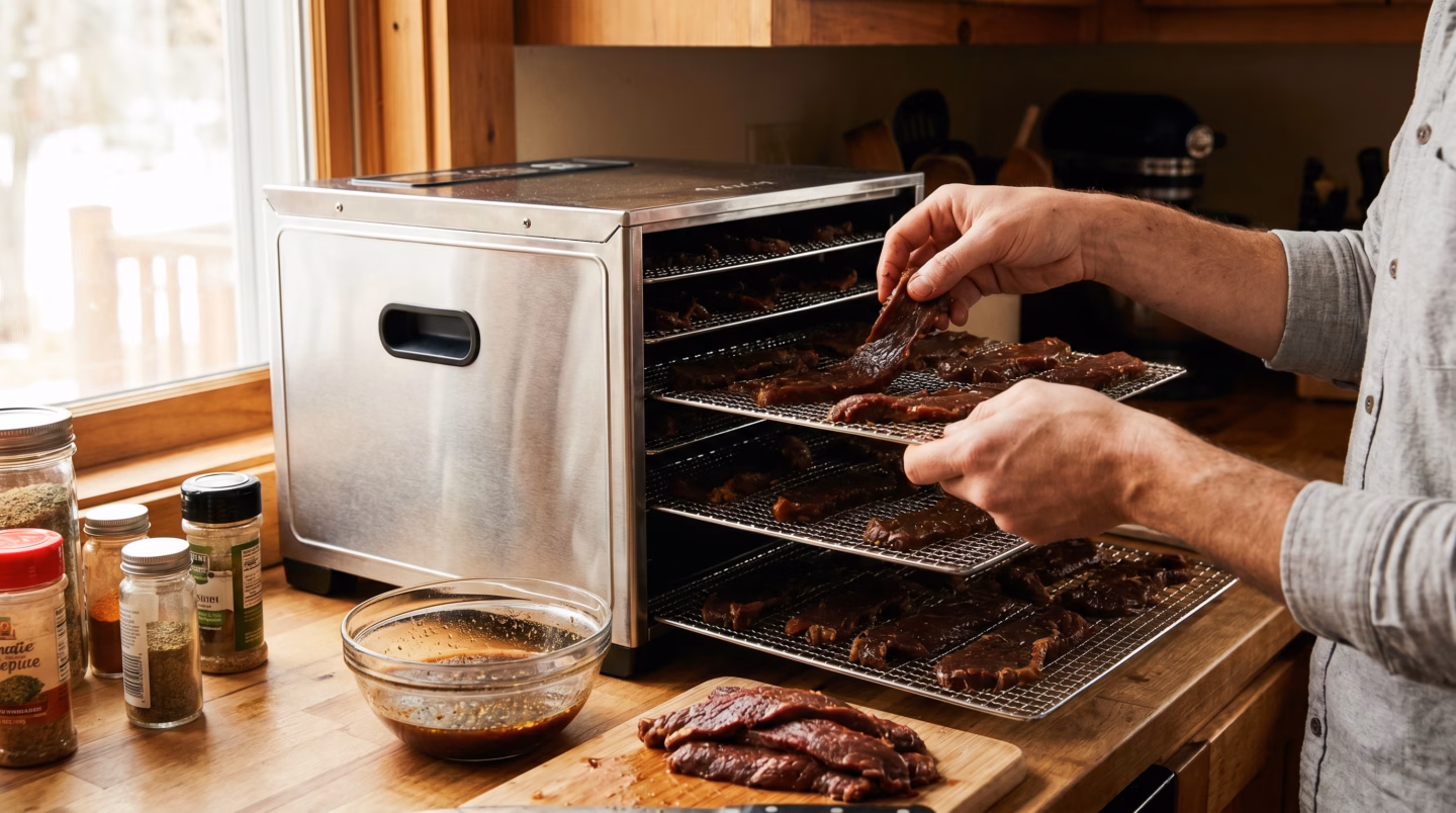 Food dehydrator with trays of meat strips for jerky