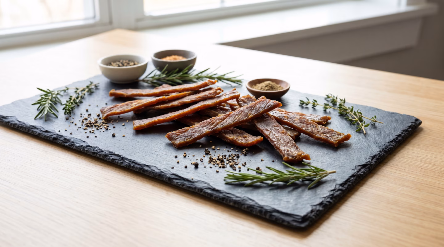 Lean turkey jerky strips on slate