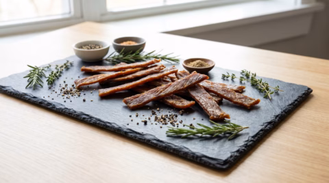 Lean turkey jerky strips on slate
